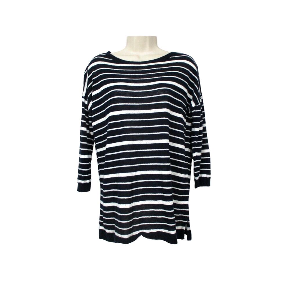 Talbots Linen Blend Sweater Womens Medium Striped Navy Blue White Nautical Light